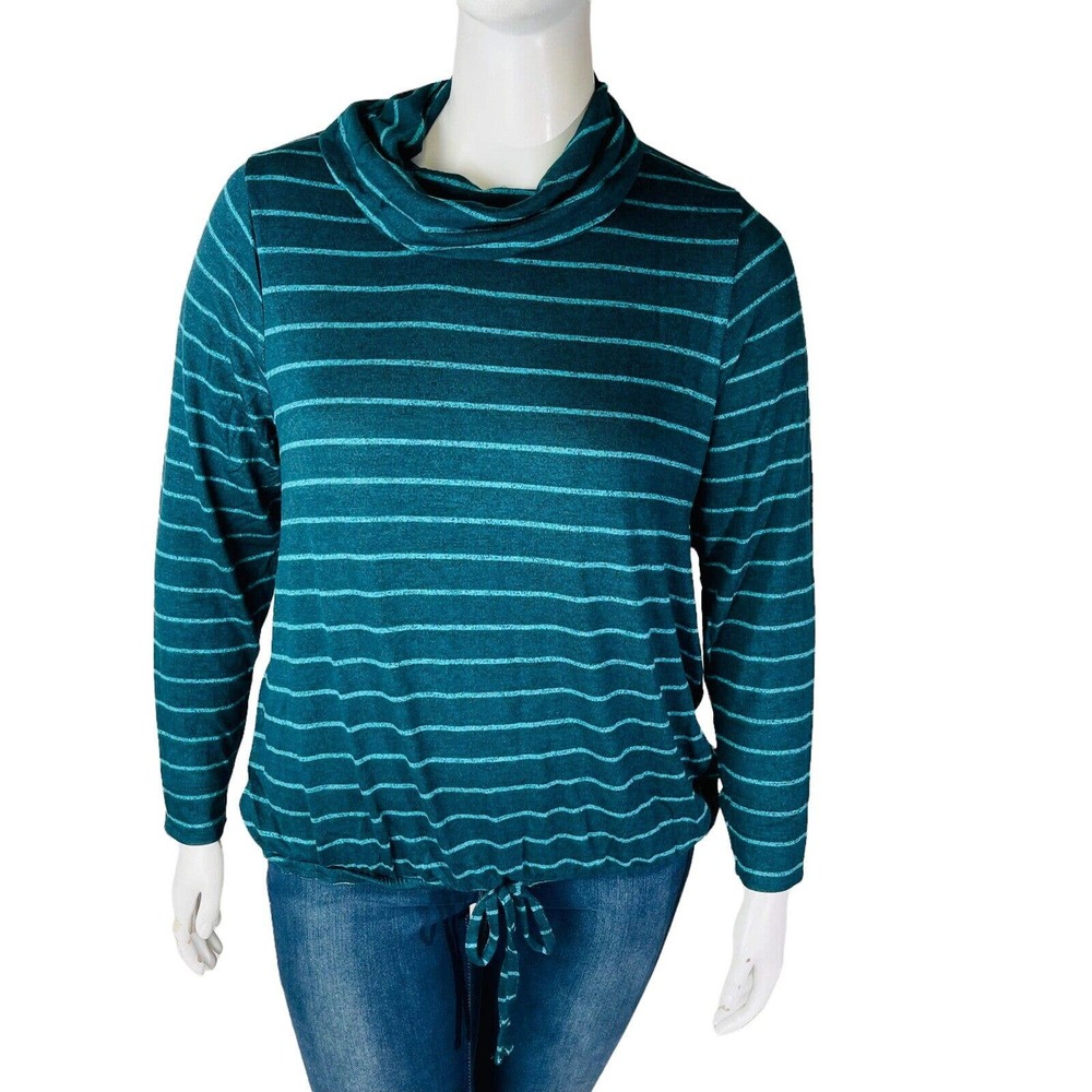 New Lane Bryant Womans Sz 14/16 Green Cowl Neck Long Sleeve Stretch Stripes NWT